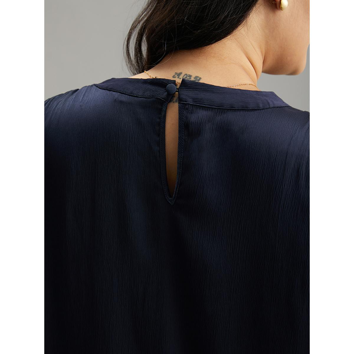 Plus Size Indigo Static-Free Plain Gathered Blouse Women Office Long Sleeve Round Neck Office Blouses BloomChic 22-24/3X Product Image