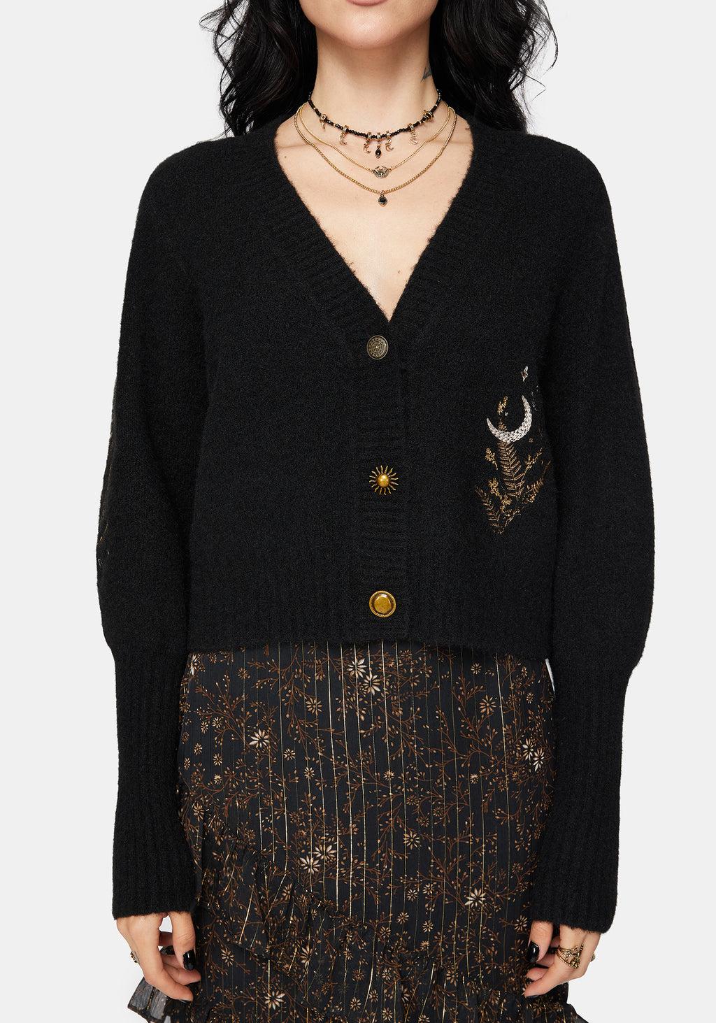 Abellona Floral Moon Embroidered Balloon Sleeve Knit Cardigan Product Image