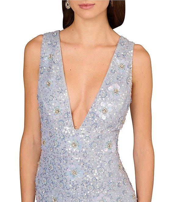 Aidan Mattox Beaded Mesh Plunge V-Neck Sleeveless Cocktail Sheath Dress Product Image