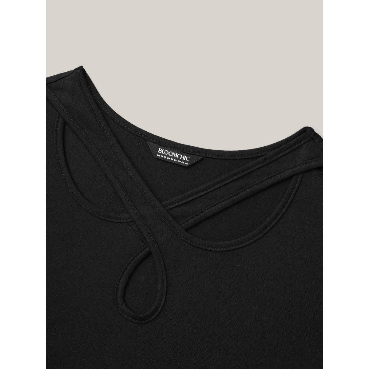 Plus Size Crossover Keyhole Plain Stretchy T-Shirt Black Women Leisure Cut-Out Asymmetrical Neck Casual T-shirts BloomChic 26/4X Product Image