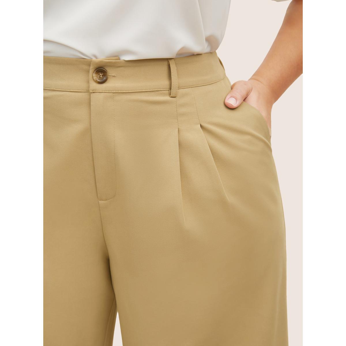 Plus Size Solid Pleated Slanted Pocket Wide Leg Pants Women Champagne At the Office Wide Leg High Rise Work Pants BloomChic 26/4X Product Image