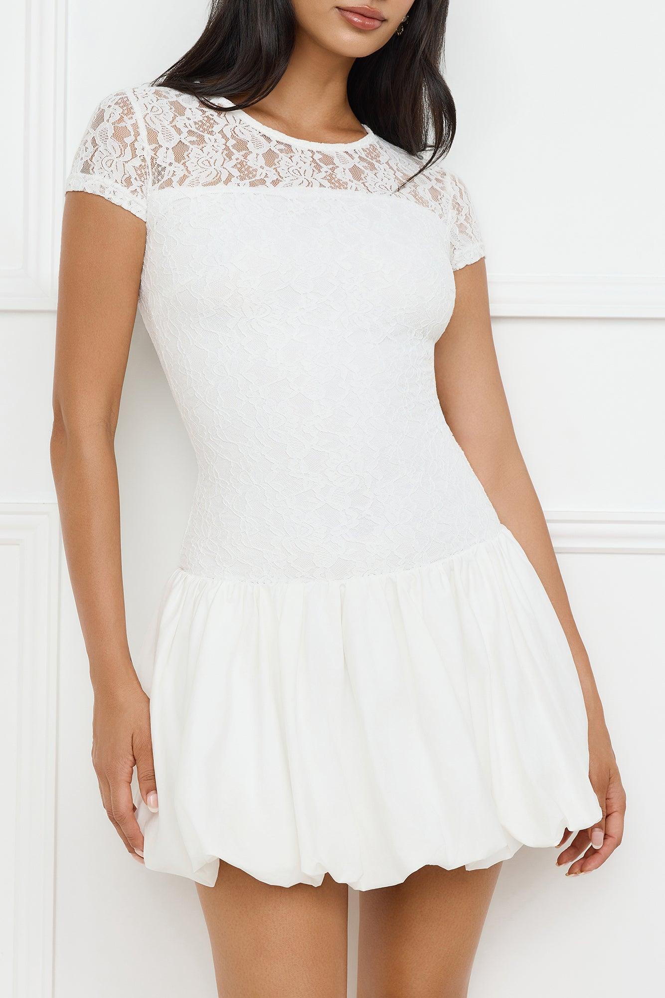 Downtown Diva Lace Bubble Mini Dress White Product Image