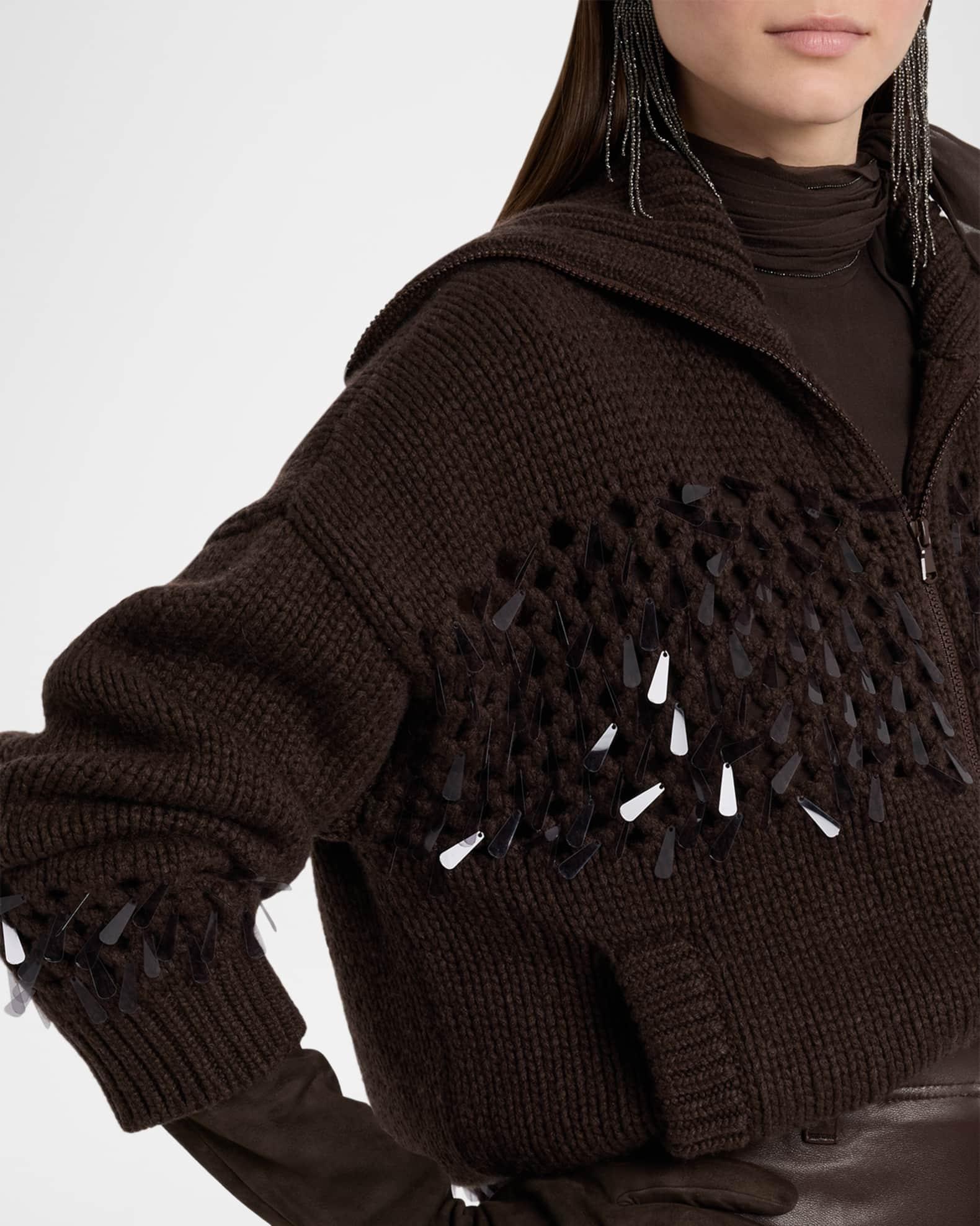 Sequined Net Stitch Cashmere Zip Cardigan Product Image