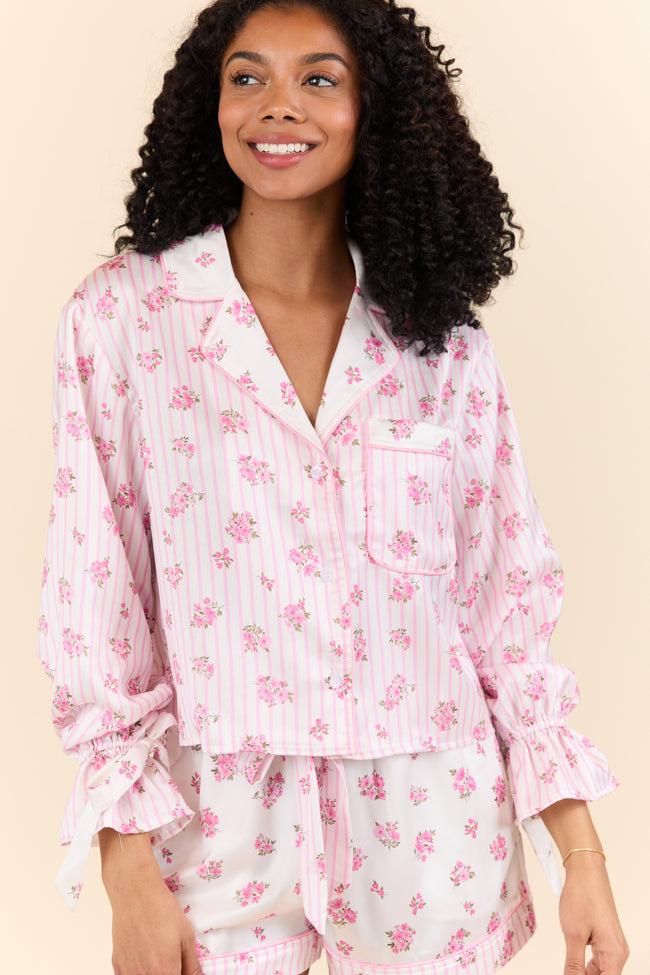 Sleep On My Side Pink Floral Satin Long Sleeve Pajama Top FINAL SALE Girls Product Image
