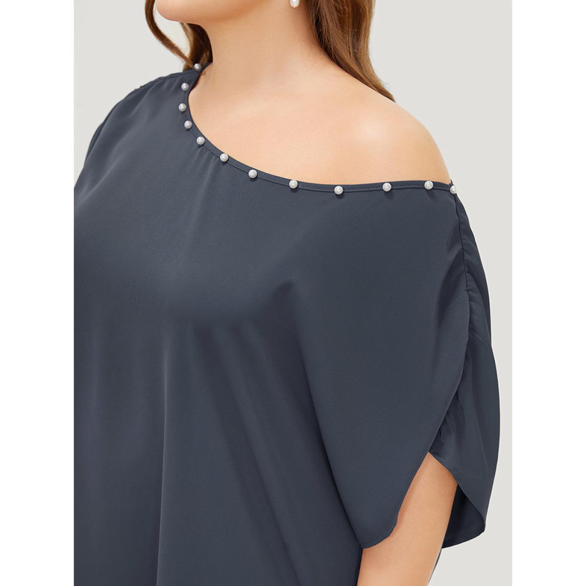 Plus Size Indigo Solid Pearl Beaded Ruched Sleeve Blouse Women Glamour Sleeveless One Shoulder Going out Blouses BloomChic 14-16/1X Product Image