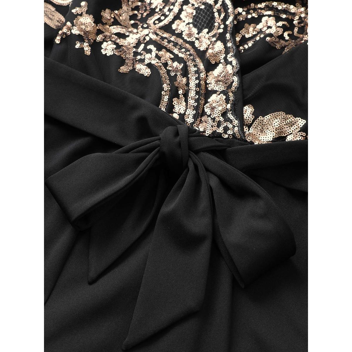 Plus Size Black Sequin Mesh Patchwork Wrap Belted Jumpsuit Women Cocktail Long Sleeve Overlap Collar Party Loose Jumpsuits BloomChic 10/M Product Image