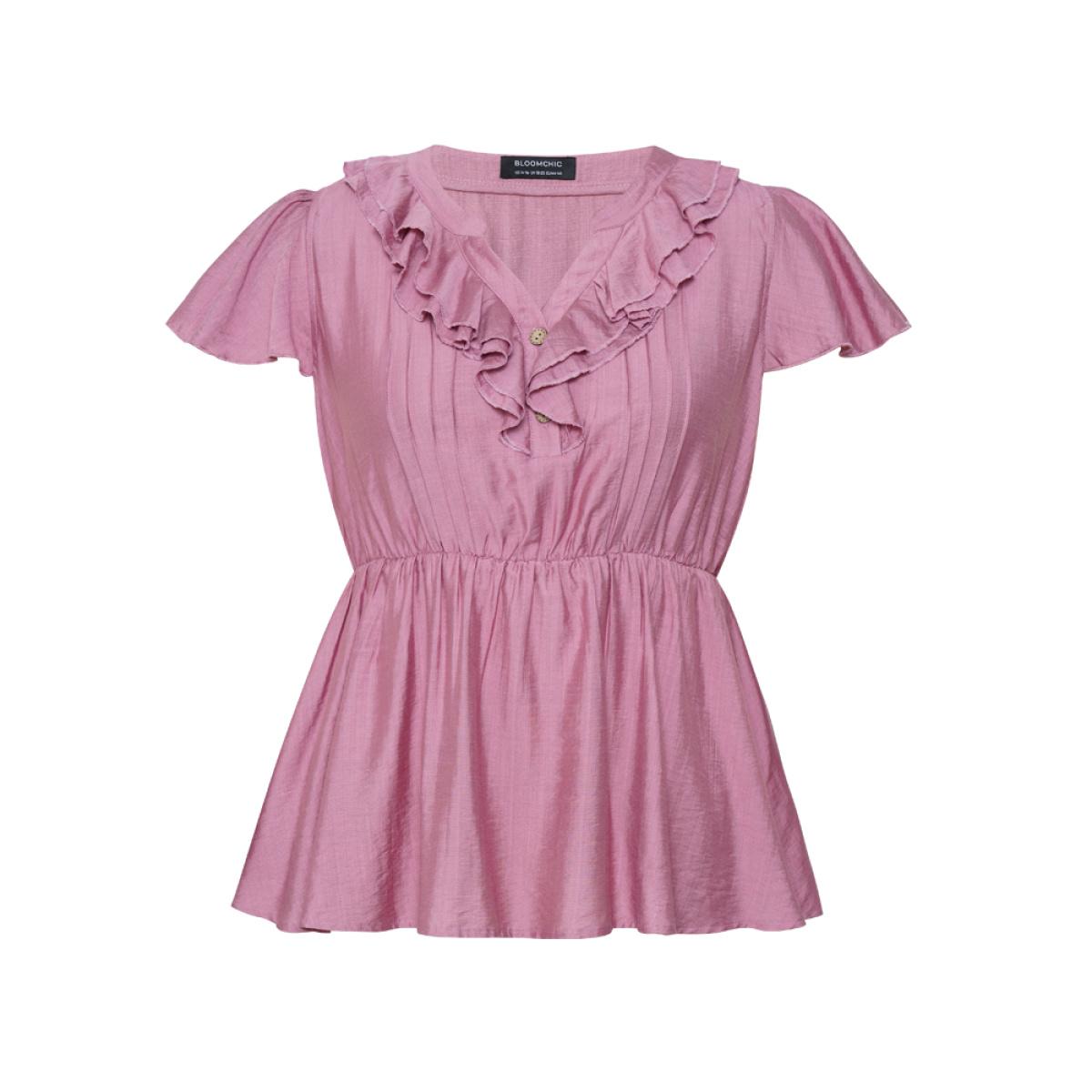 Plus Size Mauve Solid Pleated Button Up Ruffle Tiered Blouse Women Elegant Short sleeve Notched collar Dailywear Blouses BloomChic 12/L Product Image