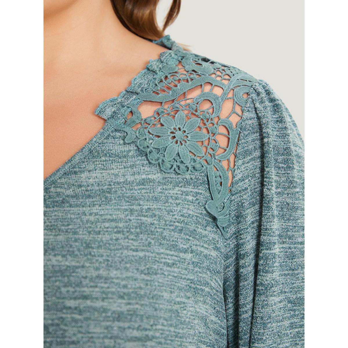 Plus Size Lace Insert Curved Hem Lantern Sleeve Sweatshirt Women Cyan Elegant Elastic cuffs V-neck Dailywear Sweatshirts BloomChic 30/6X Product Image