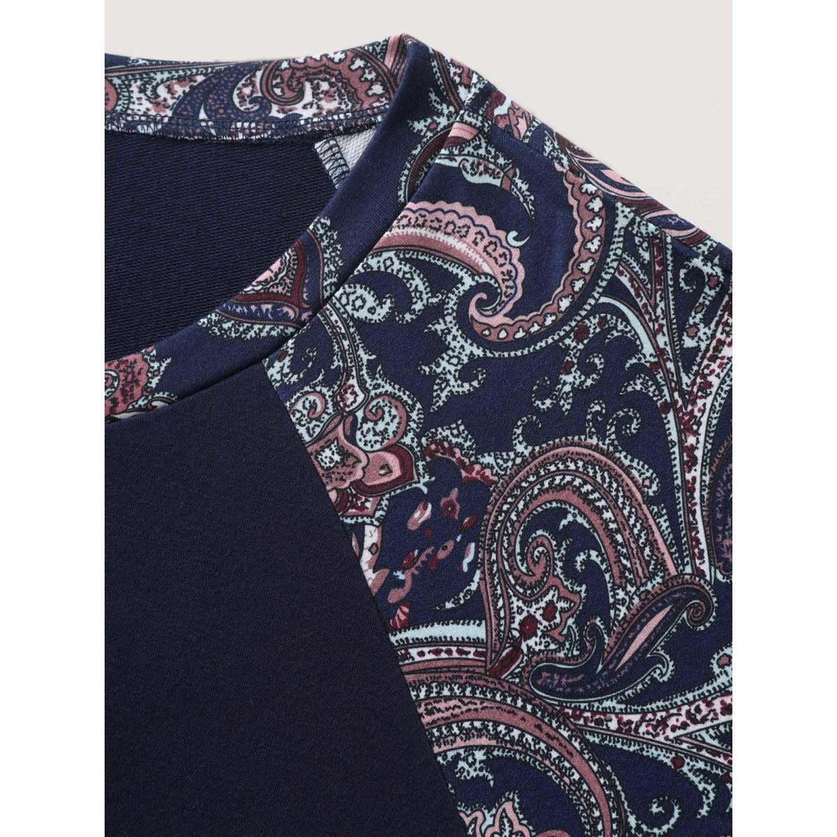 Plus Size Supersoft Colorblock Paisley Print Sweatshirt Women Indigo Leisure Round Neck Casual Sweatshirts BloomChic 30/6X Product Image