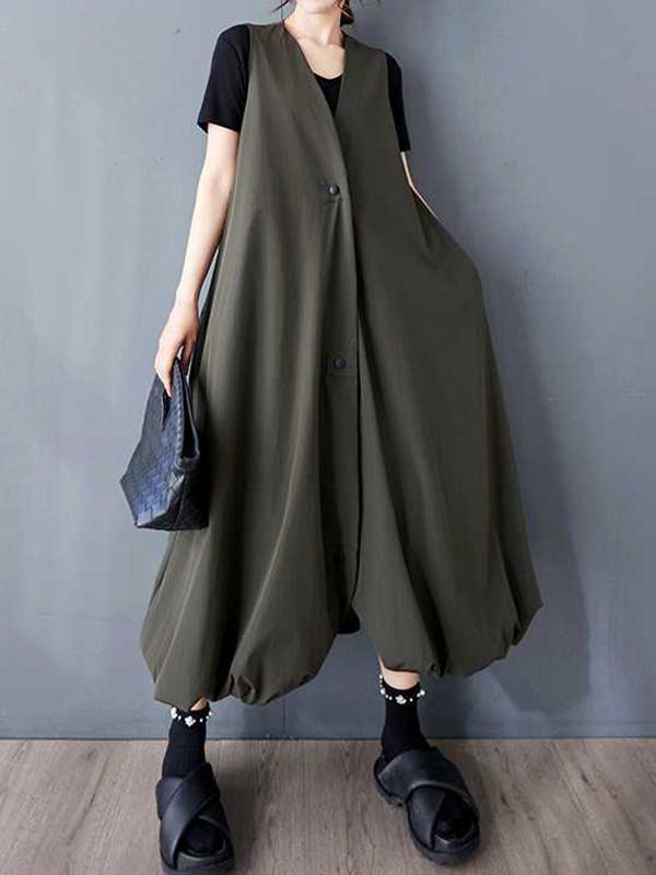 A-Line Loose Buttoned Pleated Pockets Solid Color V-Neck Midi Dresses Vest Outerwear Product Image