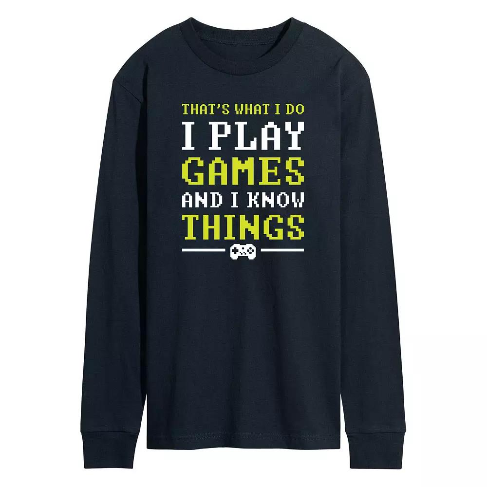 Men's I Play Games And I Know Things Pixel Long Sleeve Graphic Tee,  Product Image