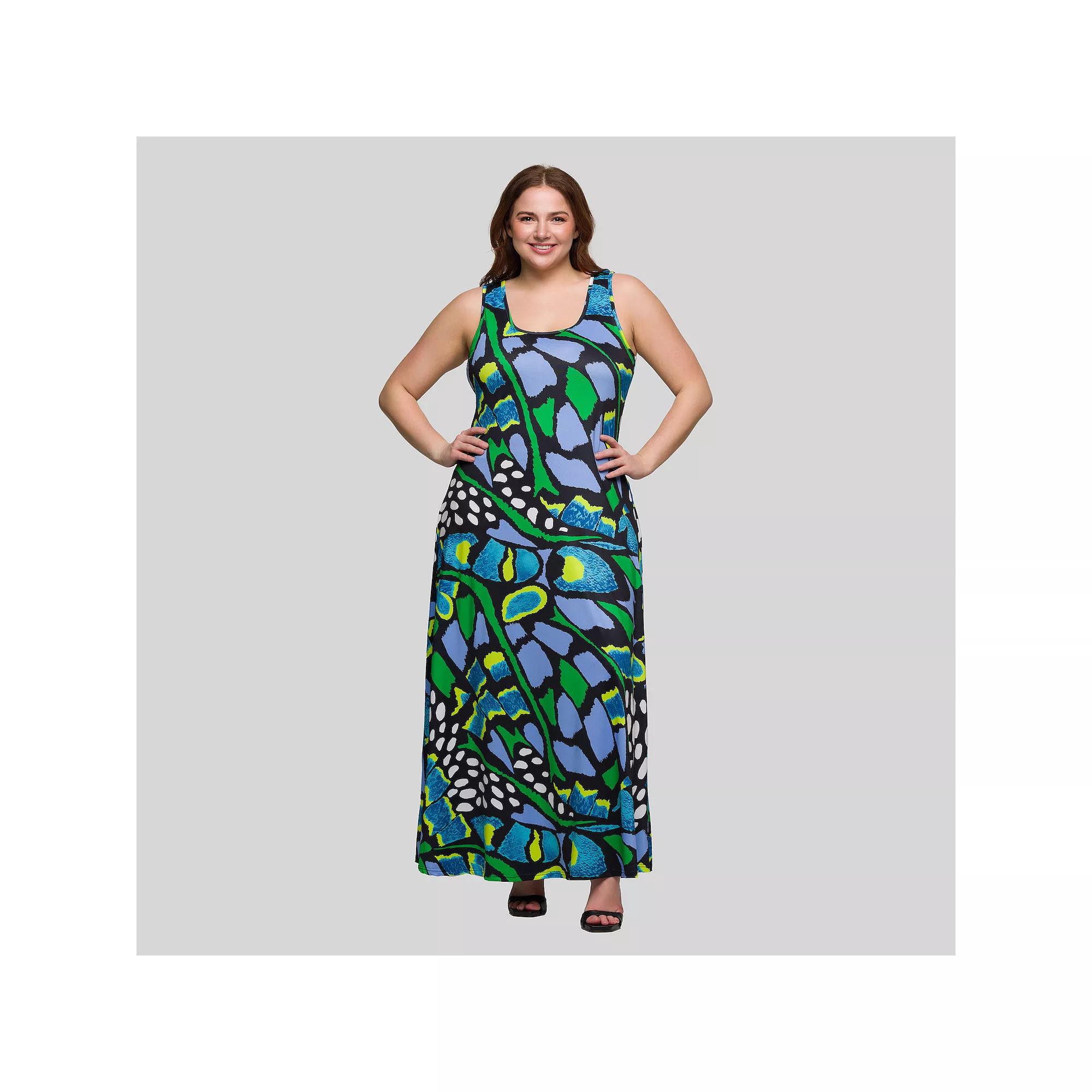 Plus Size 24Seven Comfort Apparel Butterfly Print Scoop Neck A-Line Maxi Dress, Women's, Size: 2XL, Green Team Product Image