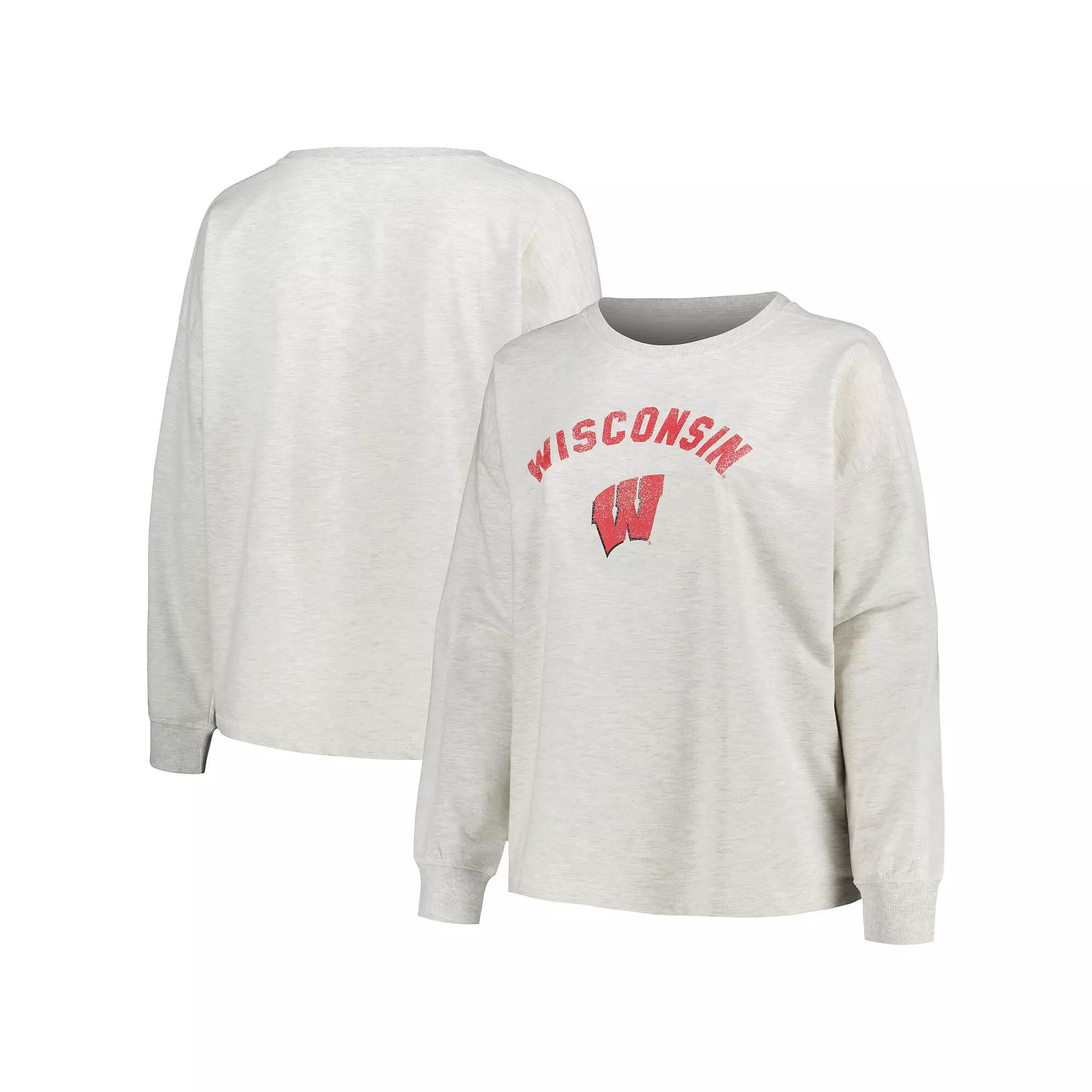 Women's Profile Oatmeal Wisconsin Badgers Distressed Arch Over Logo Neutral Boxy Pullover Sweatshirt, Size: 3XL, Team Product Image