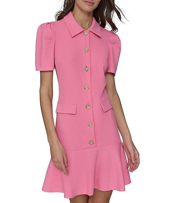 KARL LAGERFELD PARIS Scuba Crepe Point Collar Neck Short Sleeve Button Front Shirt Mini Dress Product Image