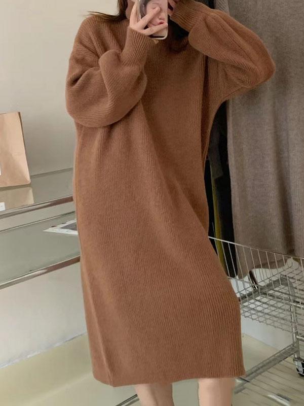 Long Sleeves Loose Solid Color High Neck Midi Dresses Sweater Dresses Product Image