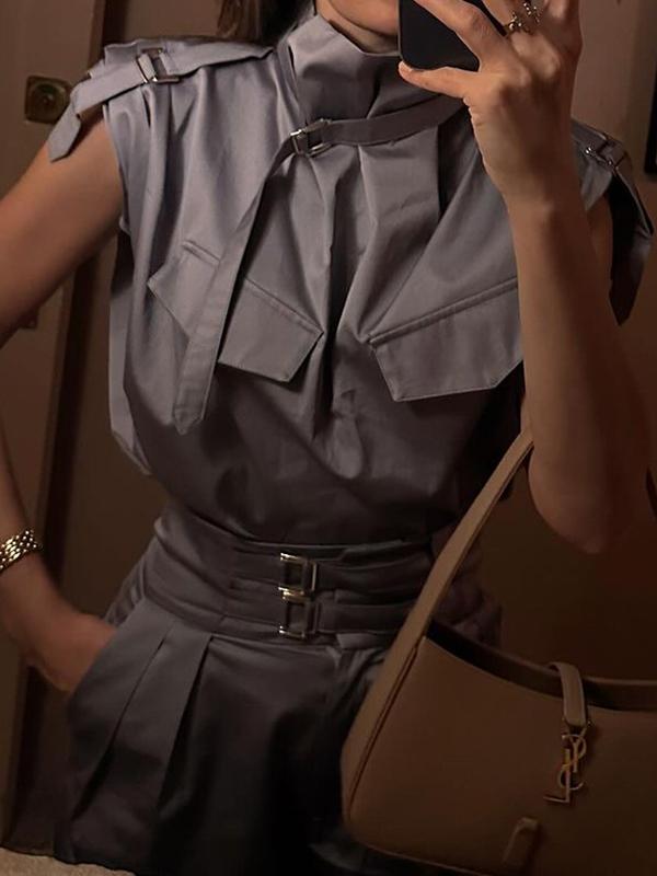 Loose Sleeveless Buckle Solid Color Stand Collar Blouses&Shirts Tops Product Image