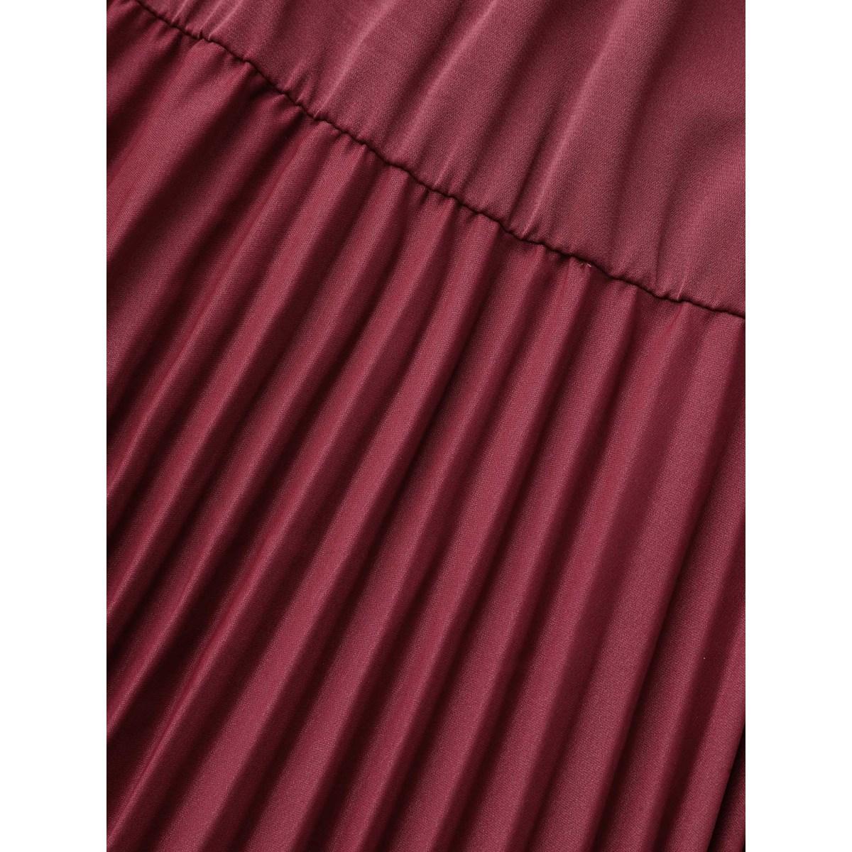 Plus Size Mock Neck Frill Trim Pleated Dress Burgundy Women At the Office Gathered Mock Neck Long Sleeve Curvy BloomChic 26/4X Product Image