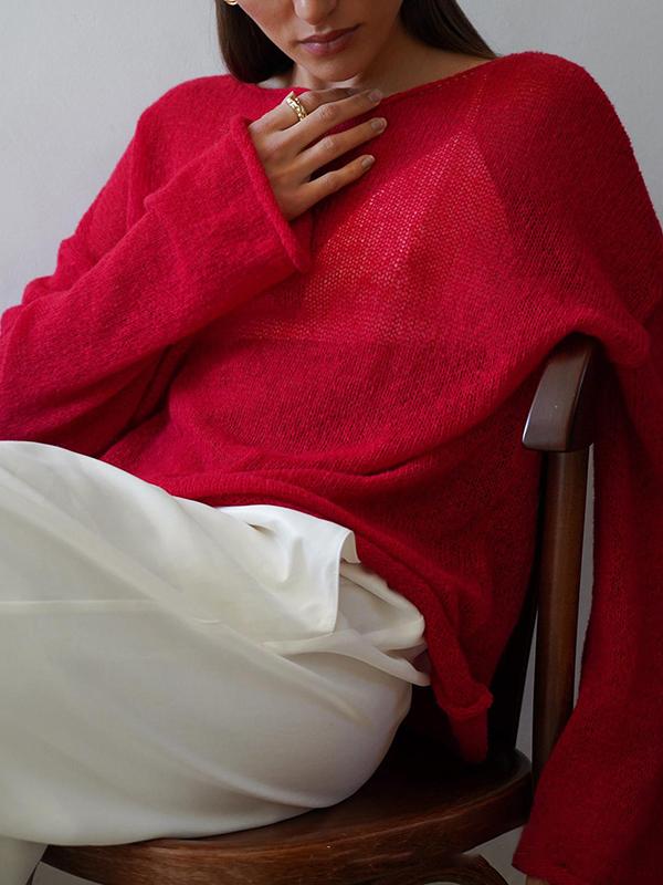 Long Sleeves Loose See-Through Solid Color Split-Joint Round-Neck Sweater Tops Product Image