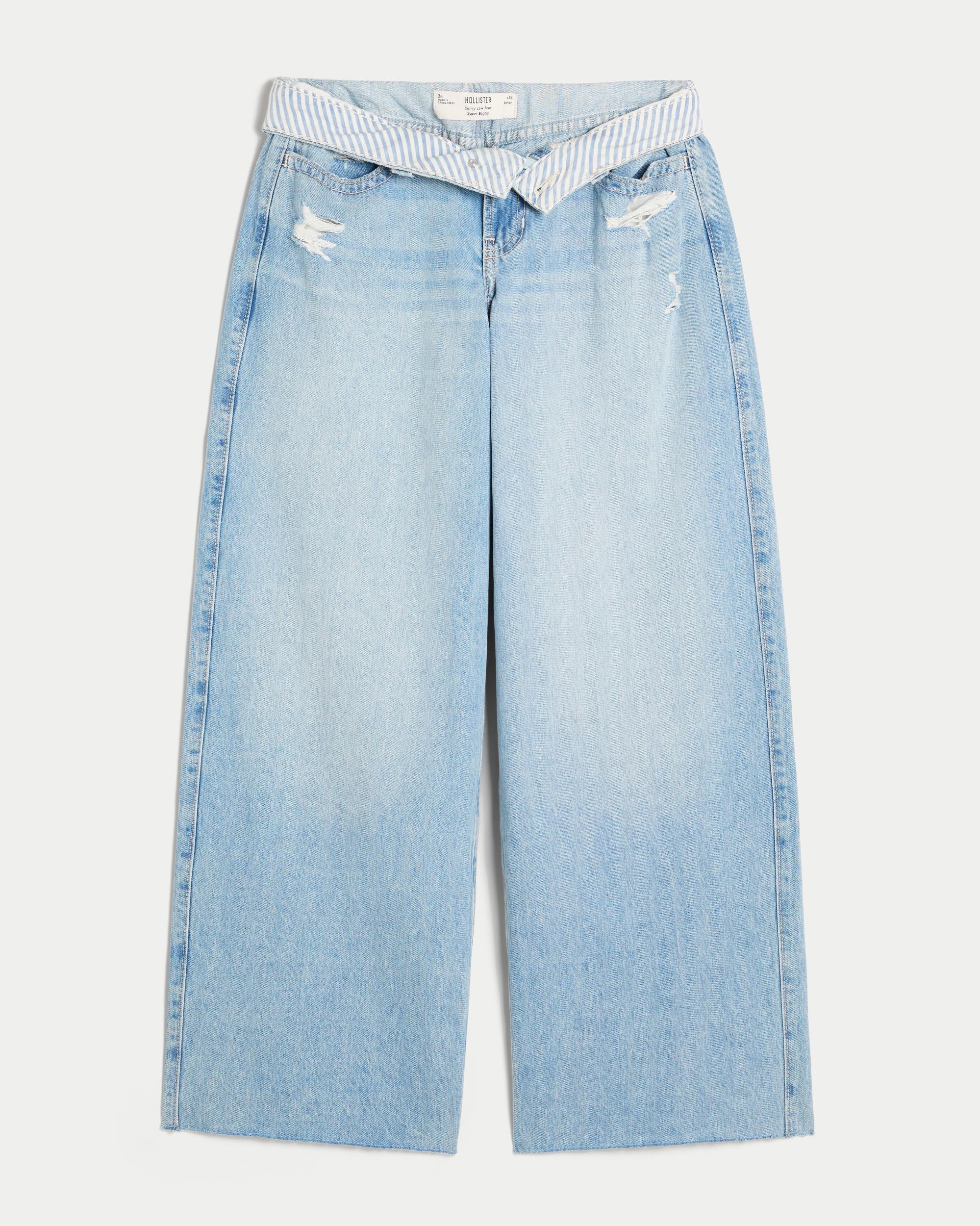 Curvy Low-Rise Light Wash Foldover Waist Super Baggy Jeans Product Image