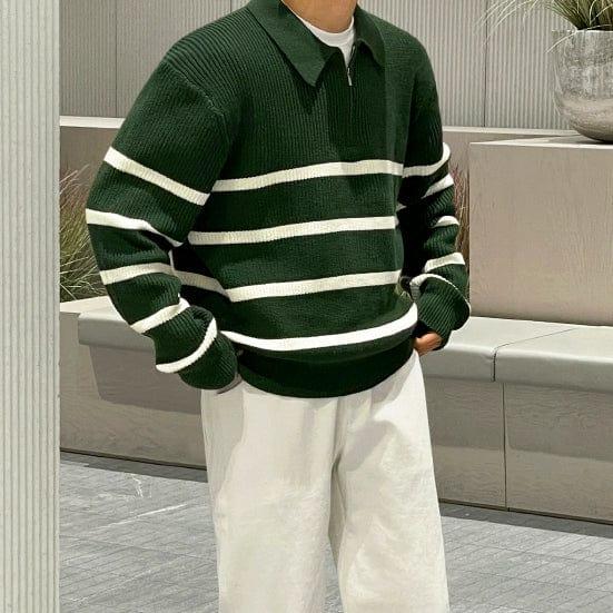 RT No. 11527 KNIT STRIP POLO ZIP-UP SWEATER Product Image