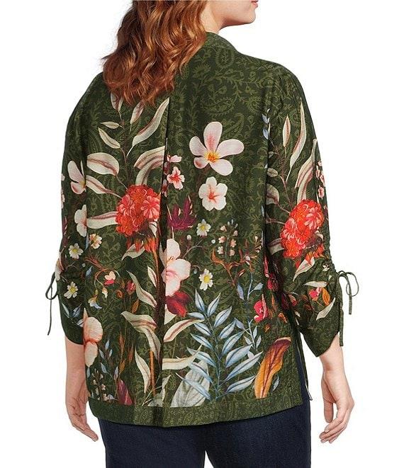 John Mark Plus Size Floral Print Wire Collar 3/4 Cinched Tie Sleeve Button Front Shirt Product Image