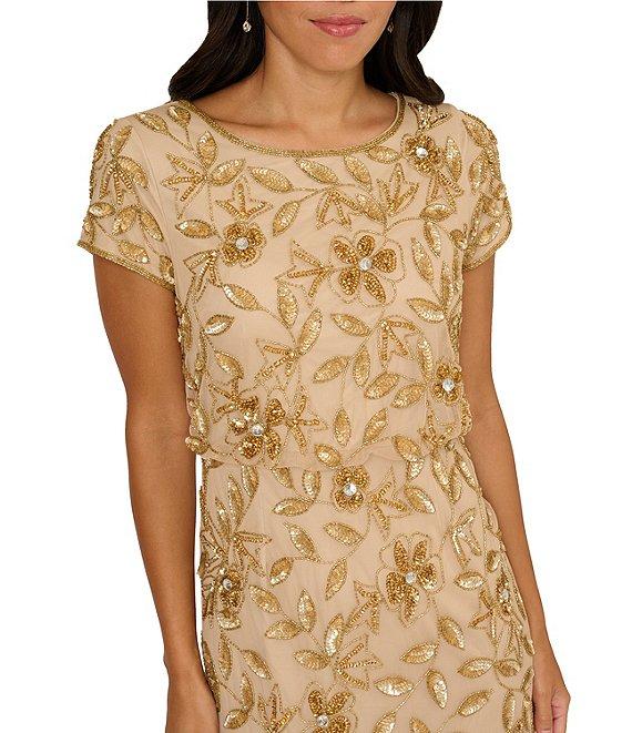 Adrianna Papell Beaded Mesh Crew Neck Short Sleeve Blouson Long Dress Product Image