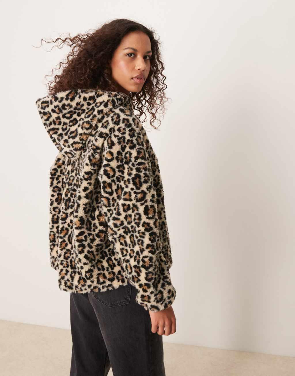 ASOS DESIGN leopard borg hoodie in neutral Product Image