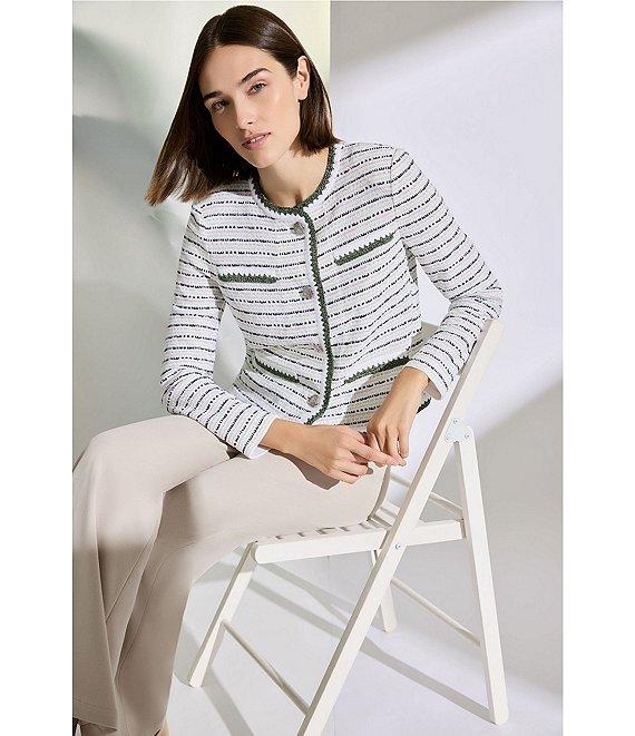 Ming Wang Knit Stripe Tweed Crew Neck Long Sleeve Jacket Product Image