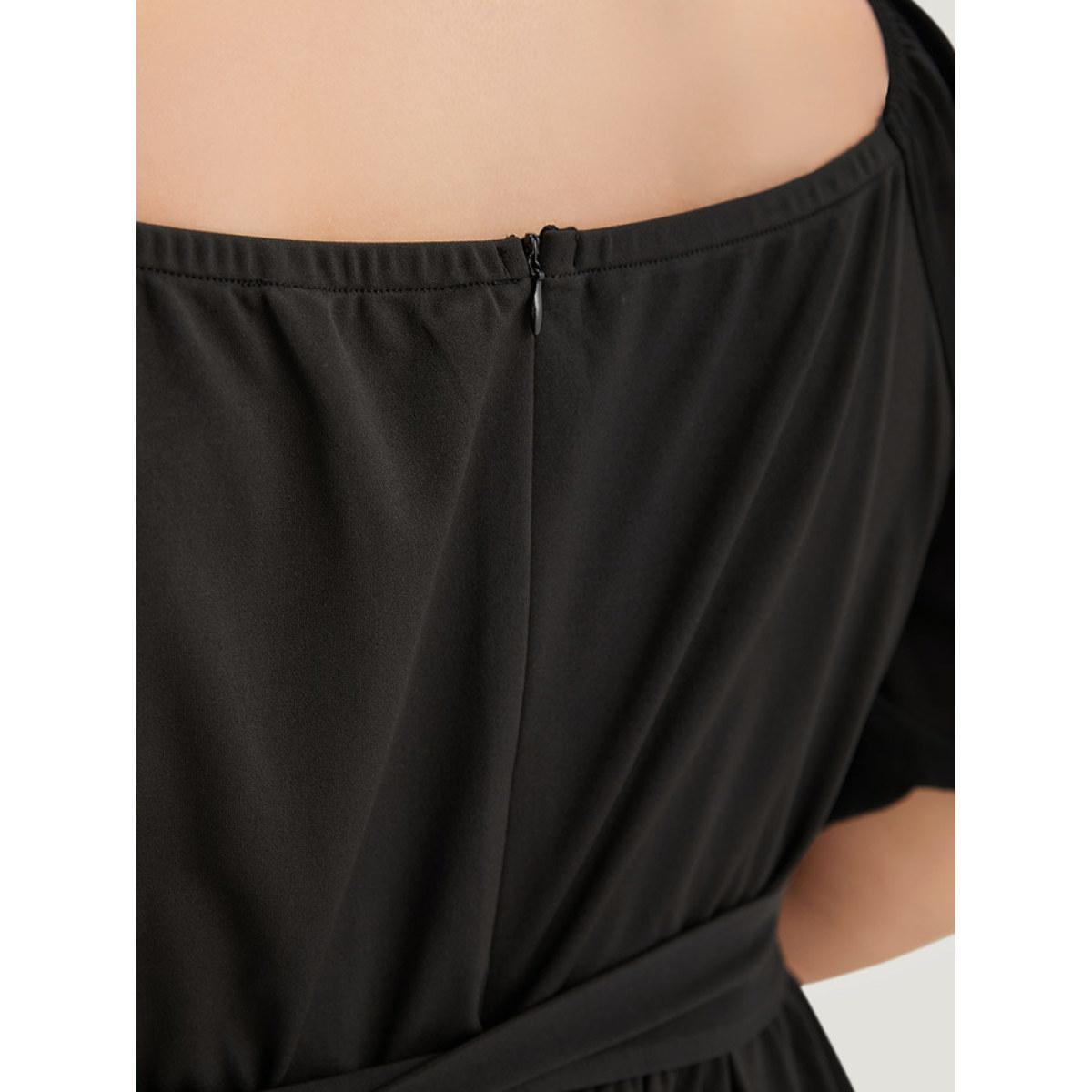 Plus Size Black Plain Square Neck Pocket Belted Zipper Jumpsuit Women Elegant Short sleeve Square Neck Dailywear Loose Jumpsuits BloomChic 10/M Product Image