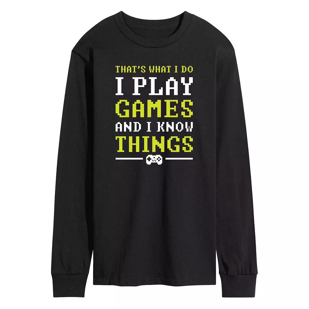 Men's I Play Games And I Know Things Pixel Long Sleeve Graphic Tee,  Product Image