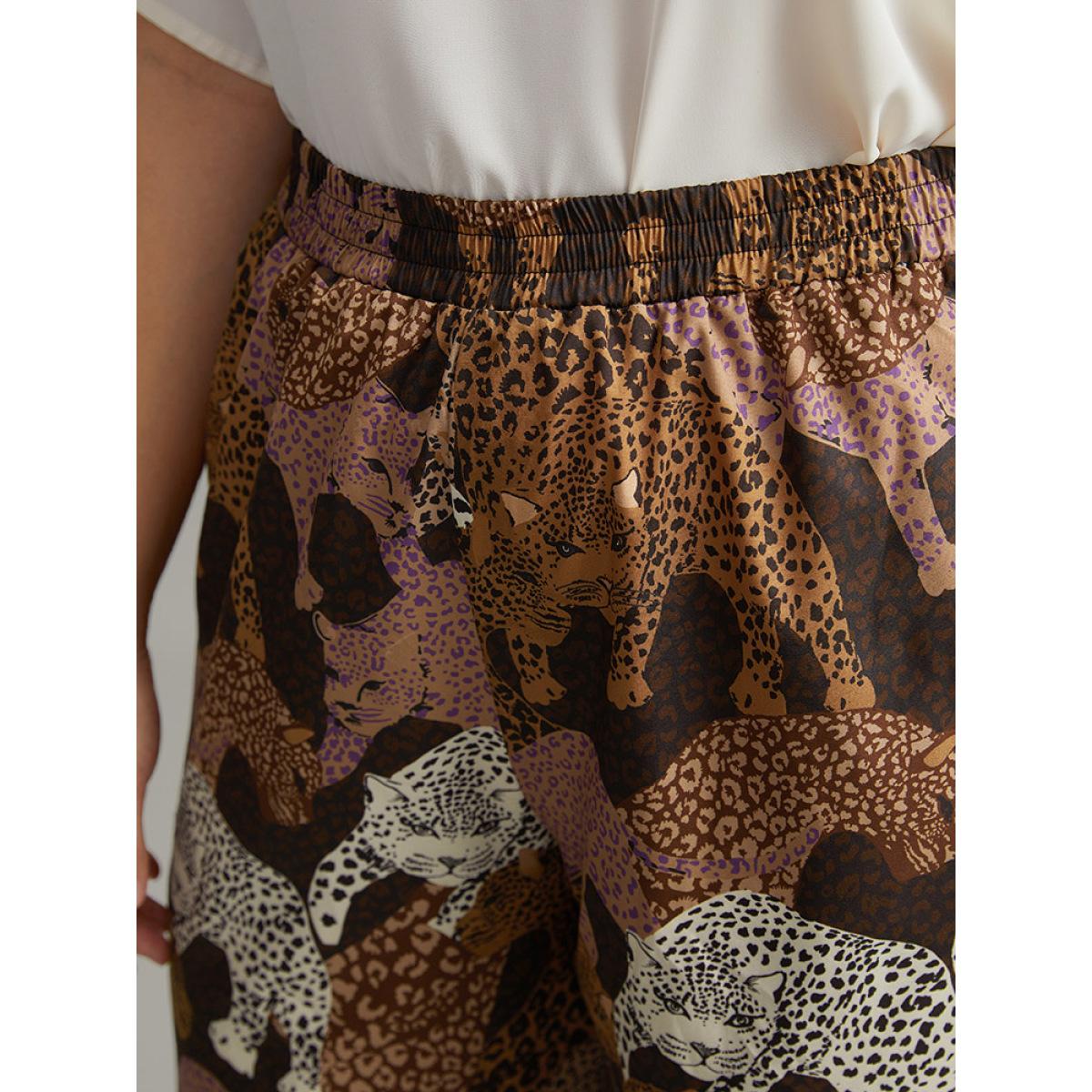 Plus Size Leopard Print Elastic Waist Straight Leg Pants Women Multicolor Casual Wide Leg High Rise Dailywear Pants BloomChic 22-24/3X Product Image