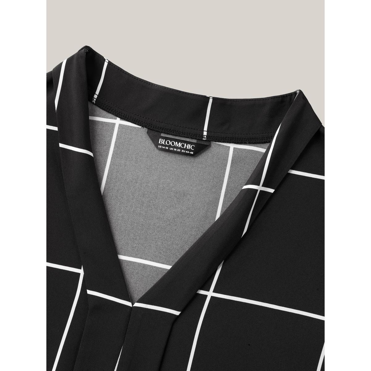 Plus Size Black Plaid Pattern Woven Placket Blouse Women Short sleeve V-neck Work Blouses BloomChic 28/5X Product Image