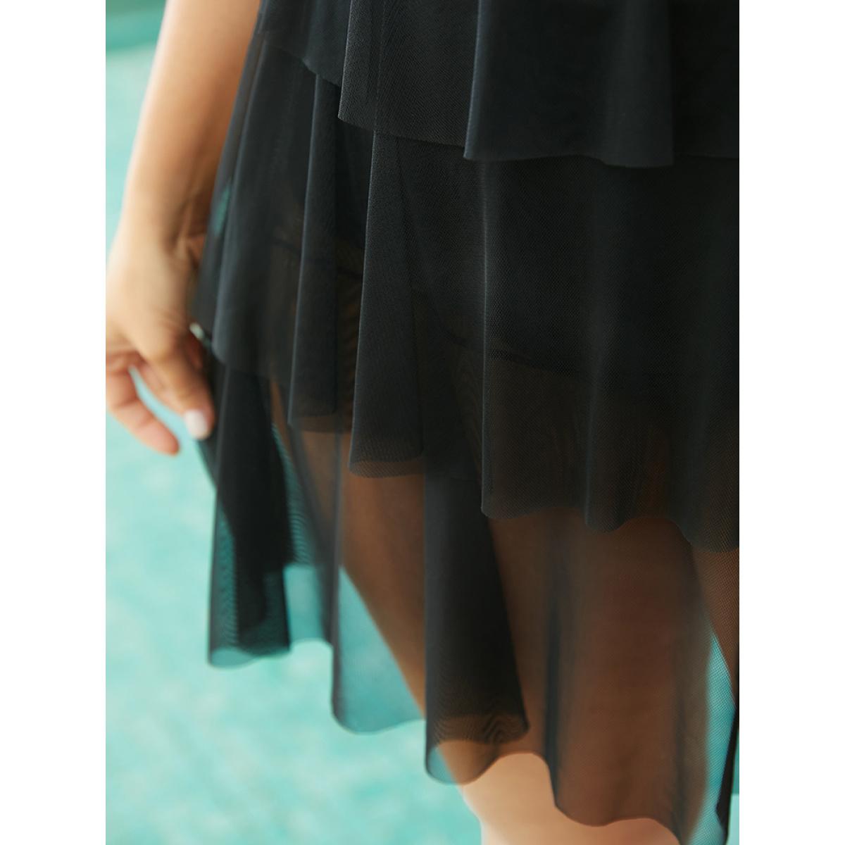 Plus Size Bandana Print Mesh Tiered Hem Swim Dress Women's Swimwear Black Vacation Bodycon V-neck High stretch Curve Swim Dresses BloomChic 22-24/3X Product Image