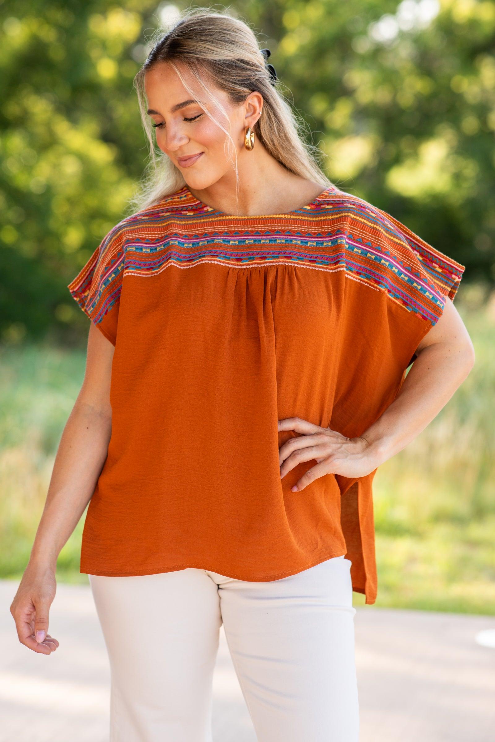 Cinnamon Embroidery Short Sleeve Woven Top Product Image
