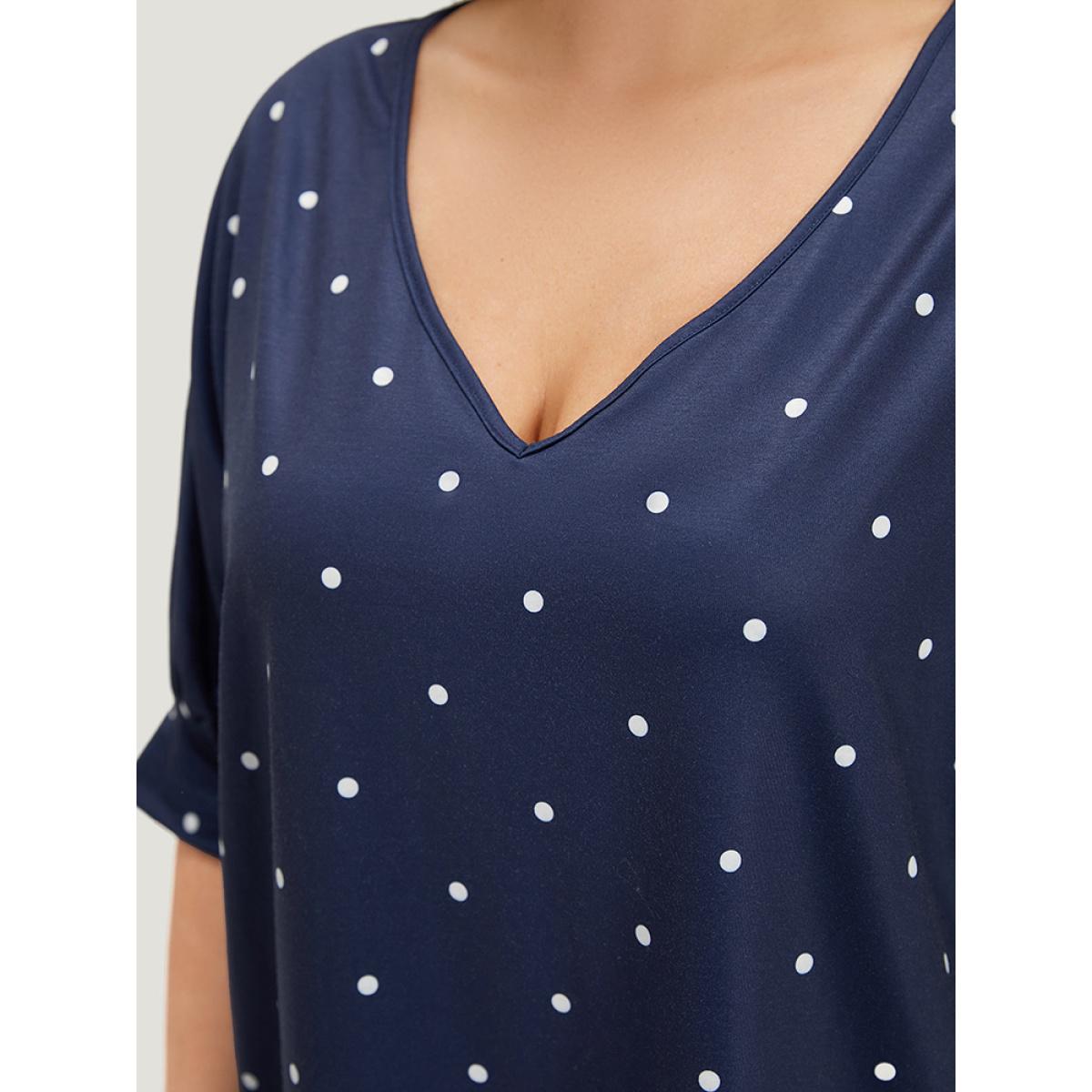 Plus Size Polka Dot V Neck Lantern Sleeve T-shirt Indigo Women Elegant Elastic cuffs Polka Dot V-neck Dailywear T-shirts BloomChic 12/L Product Image