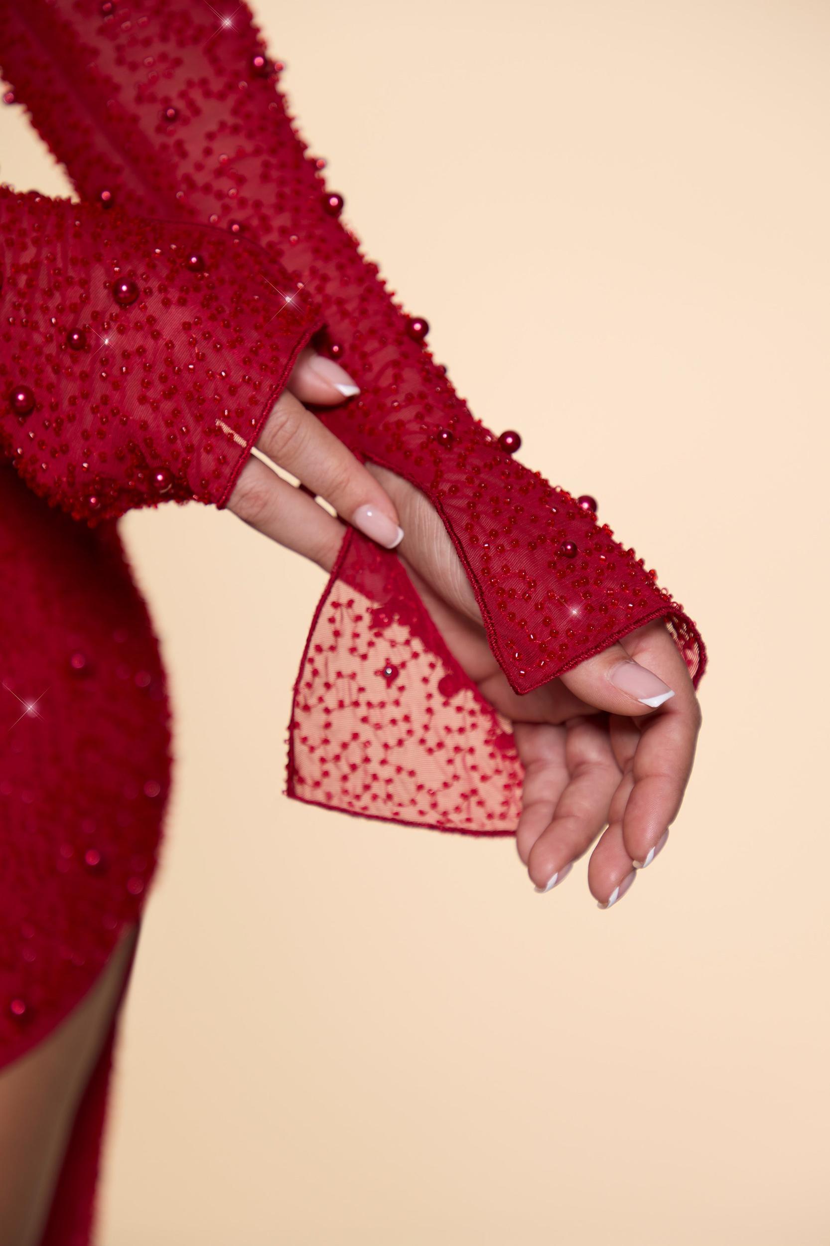 Embellished Cowl Neck Crop Top in Red Product Image