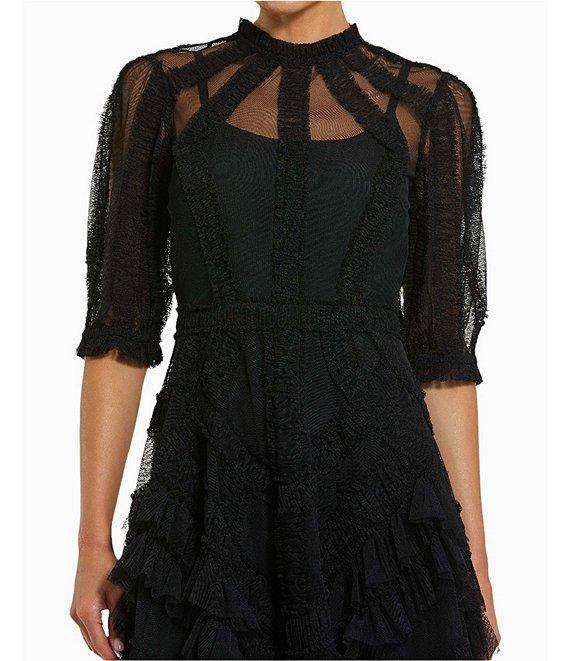 Mac Duggal Mock Neck Short Sleeve Tiered Ruffled Pleated Embellished A-Line Midi Dress Product Image