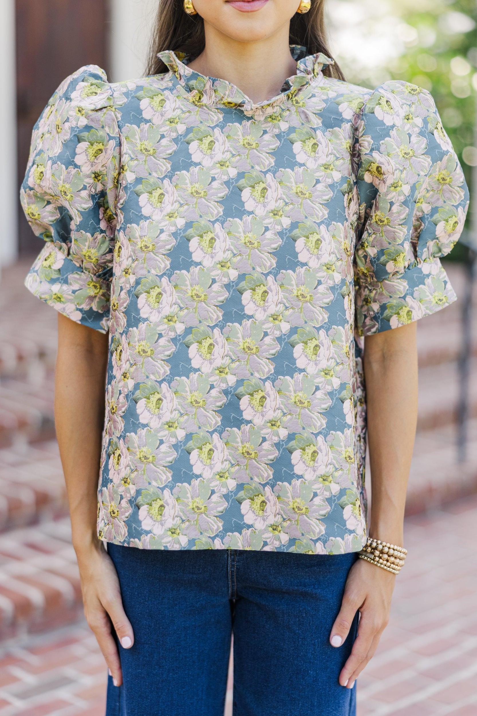 Say What You Need Slate Blue Floral Blouse Female Product Image