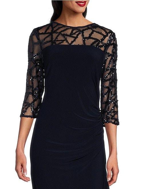 Le Bos Stretch Sequin Lace Mesh Crew Neck 3/4 Illusion Sleeves Back Slit Column Dress Product Image