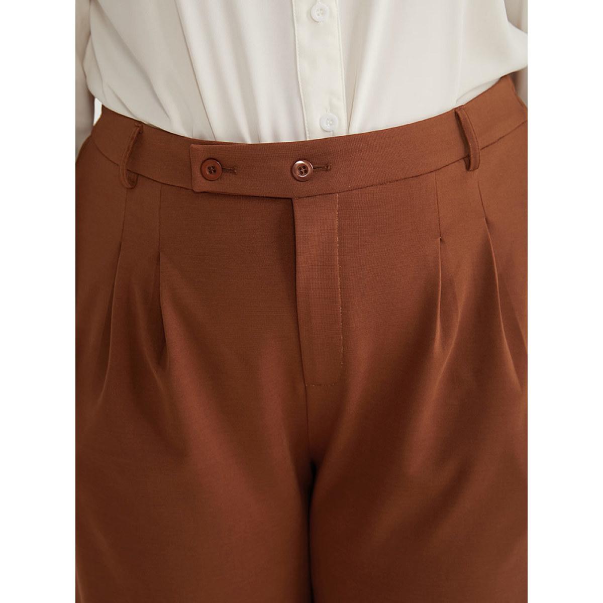 Plus Size Solid Pocket Plicated Detail Pants Women Chocolate Office Straight Leg High Rise Office Pants BloomChic 14-16/1X Product Image
