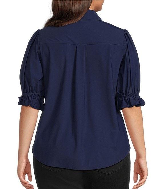 Liverpool Los Angeles Plus Size Tech Knit Point Collar Short Puff Ruffle Cuff Sleeve Button Front Shirt Product Image