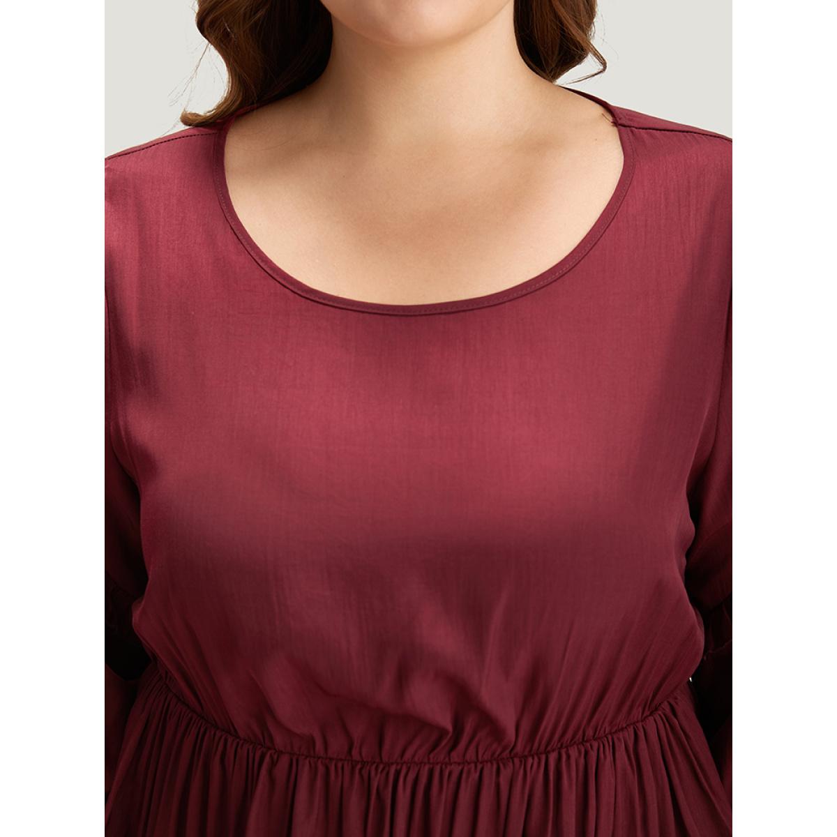 Plus Size Burgundy Plain Frill Trim Layered Hem Lantern Sleeve Blouse Women Elegant Elbow-length sleeve Round Neck Dailywear Blouses BloomChic 22-24/3X Product Image