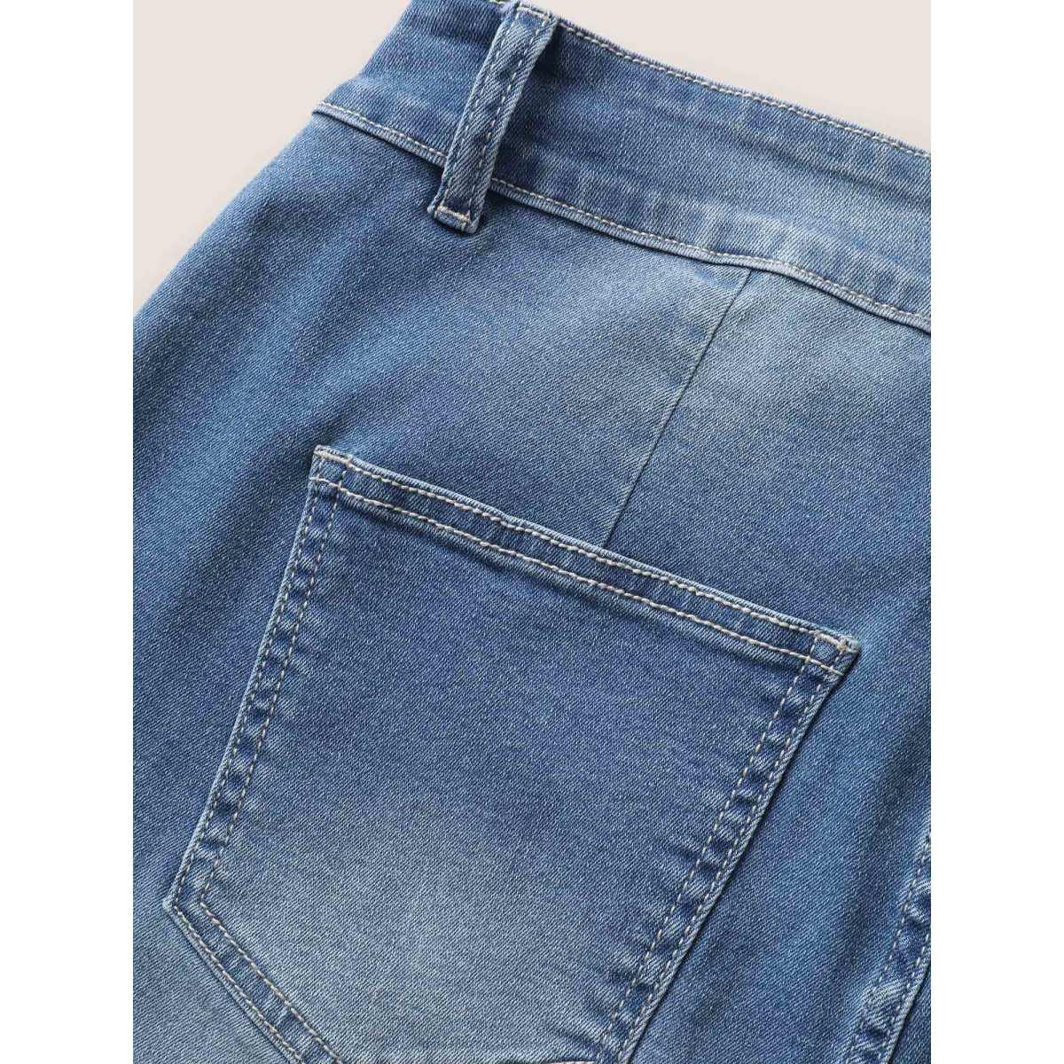 Plus Size Medium Wash High Stretch Denim Skinny Shorts Women Blue Button High stretch Everyday Pocket Casual Denim Shorts BloomChic 24/3X Product Image