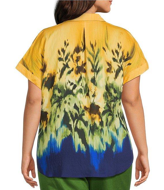 Investments Woven Plus Size Tropical Floral Short Sleeve Point Collar Partial Button Front Top Product Image