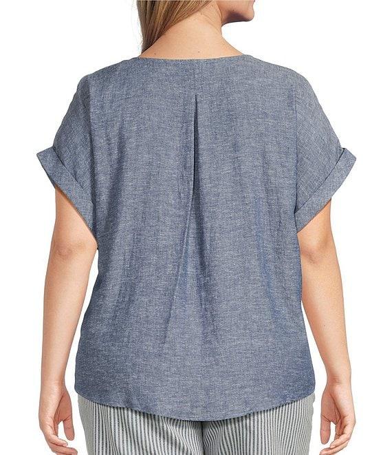 Westbound Plus Size Linen Blend Short Sleeve V-Neck Tie Front Top Product Image