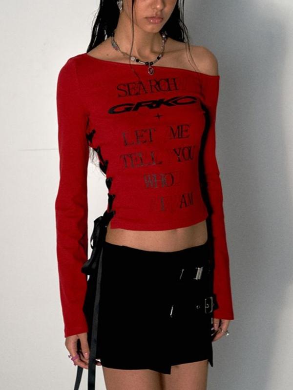Y2K One Shoulder Letter Print Tie Up Long Sleeve Tee Product Image