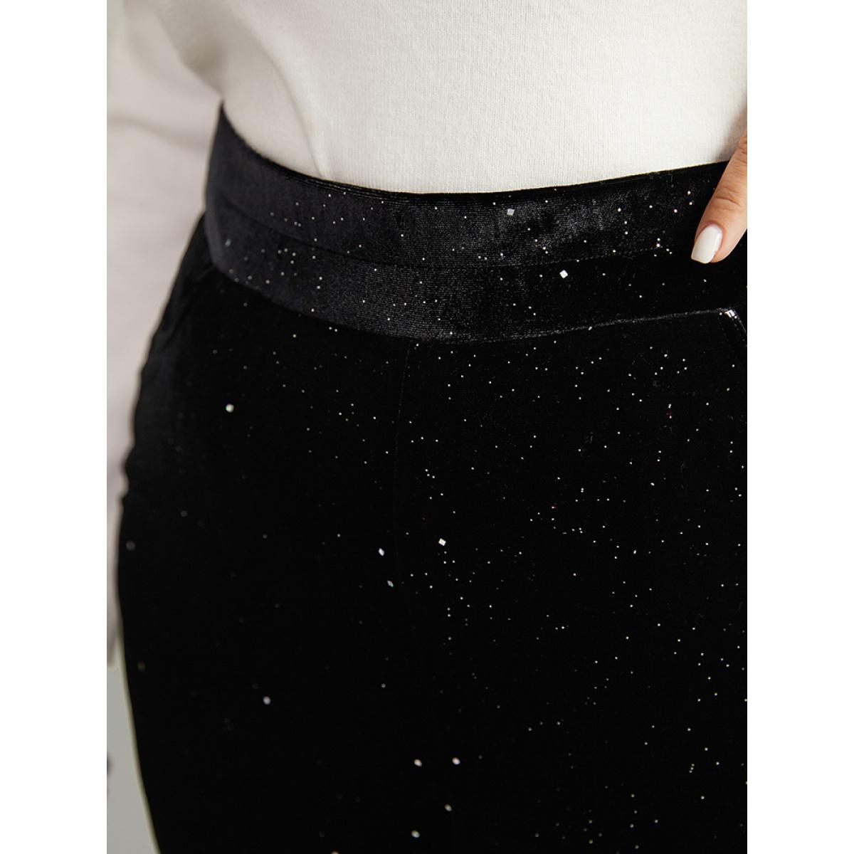 Plus Size Velvet Glitter Patchwork Pocket Flare Leg Pants Women Black Glamour Flare Leg High Rise Festival-Christmas Pants BloomChic 22-24/3X Product Image