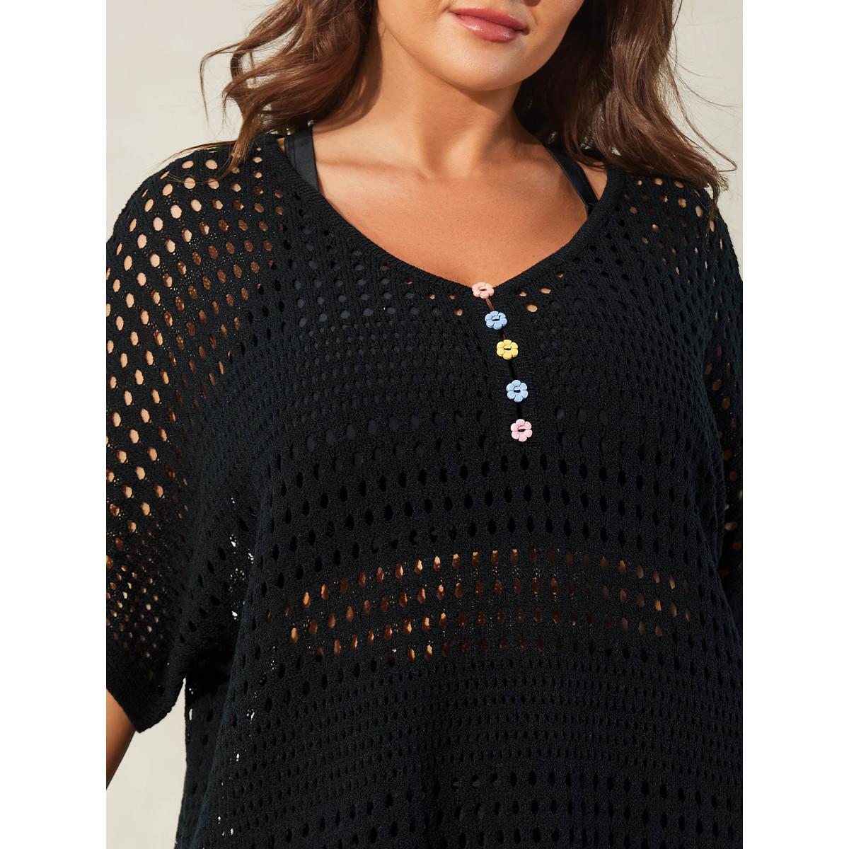 Plus Size Cut-Out Textured Buttons Swim Cover-Up Women's Swimwear Black Beach Loose Texture Curve Swim Cover Ups BloomChic 26/4X Product Image