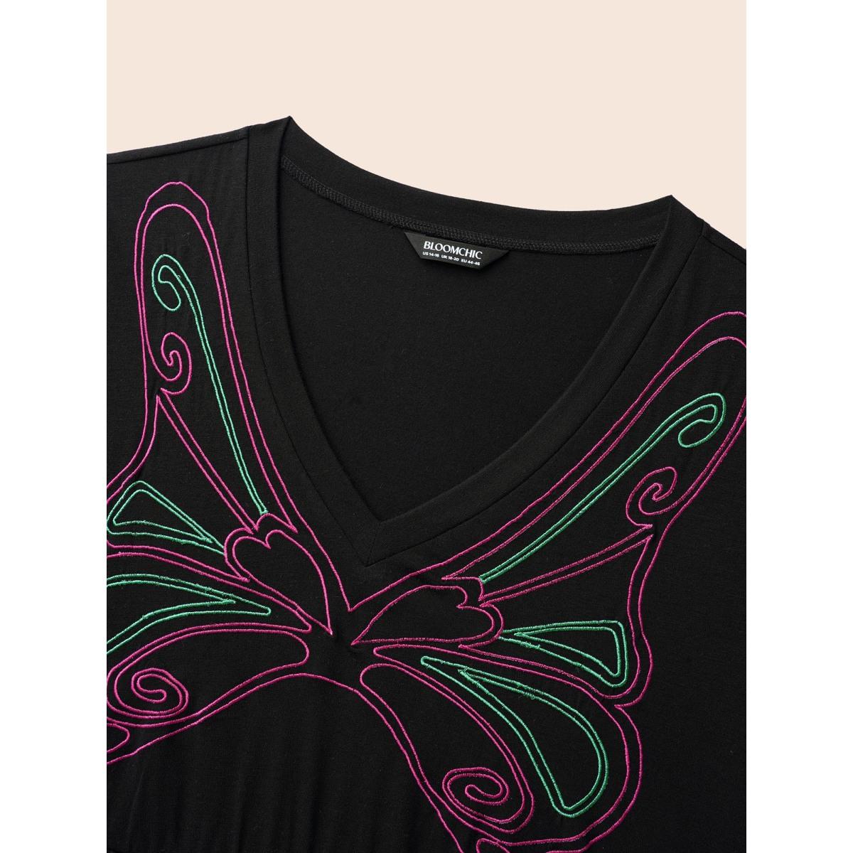 Plus Size Butterfly Embroidered V Neck Midi Dress Black Women Elegant Embroidered V-neck Long Sleeve Curvy BloomChic 28/5X Product Image