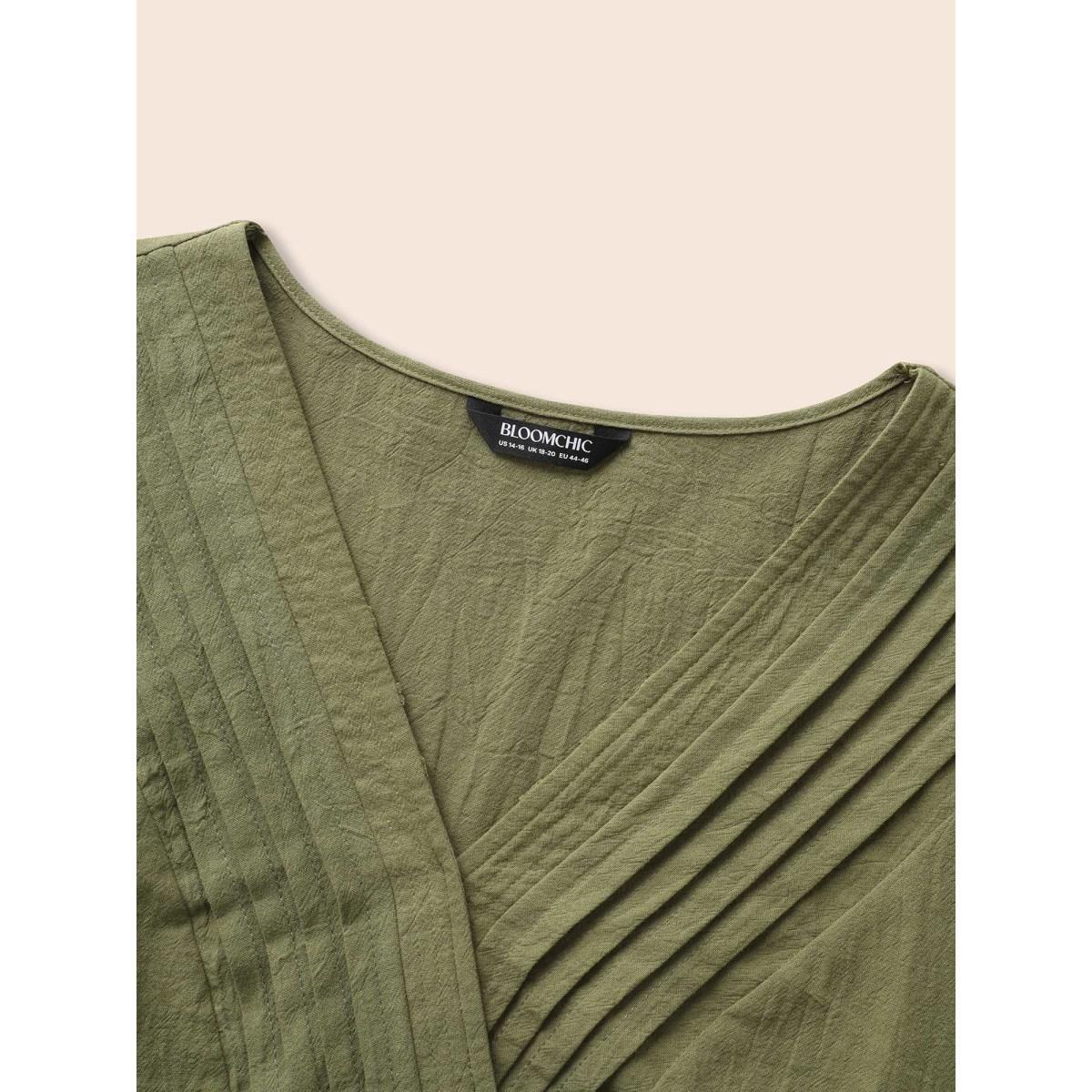 Plus Size Sage Solid Lantern Sleeve Pleated Blouse Women Resort Elbow-length sleeve V-neck Vacation Blouses BloomChic 18-20/2X Product Image